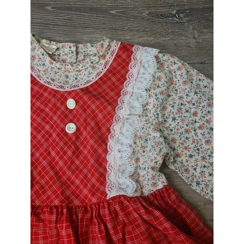 VTG 70s Solos Girl's 5 Prairie Pinafore Dress Lacy Retro Cowgirl Cottagecore - Picture 3 of 6